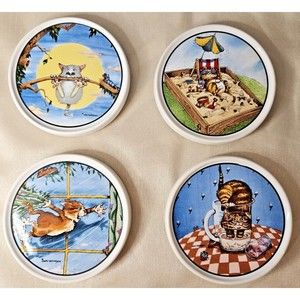 Humorous Set of 4 Gary Patterson Artisan Design Cat Coasters Clay Ceramic Design